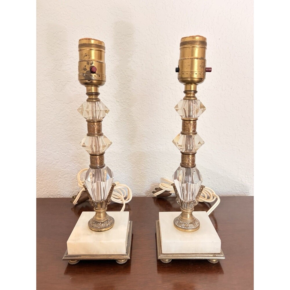 Marble Brass Boudoir/ Bedside Table Lamps Vintage pair with glass
